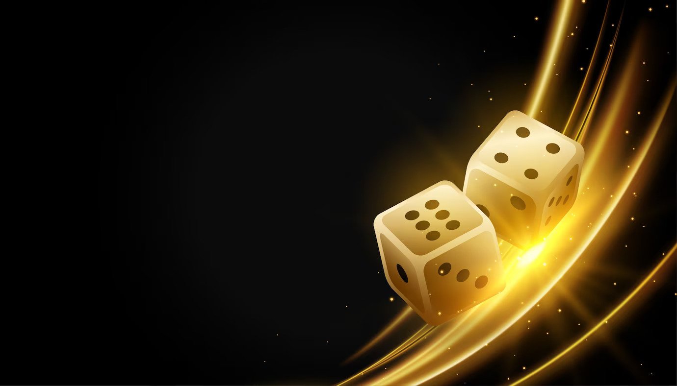 golden realistic dice glowing lights background